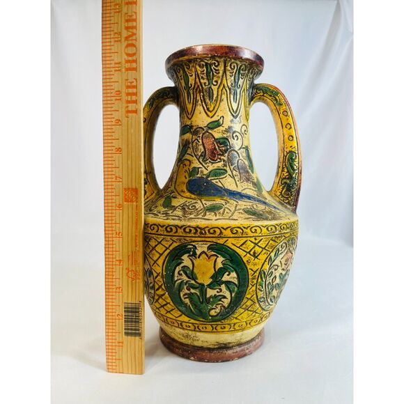 Vintage MAJOLICA POTTERY VASE Persian Style Double Handle Floral Birds Japan main image 5